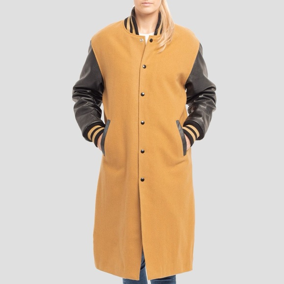 Camel Wool Body & Black Leather Sleeves Full-Snap Letterman Varsity Jacket - Picture 7 of 9